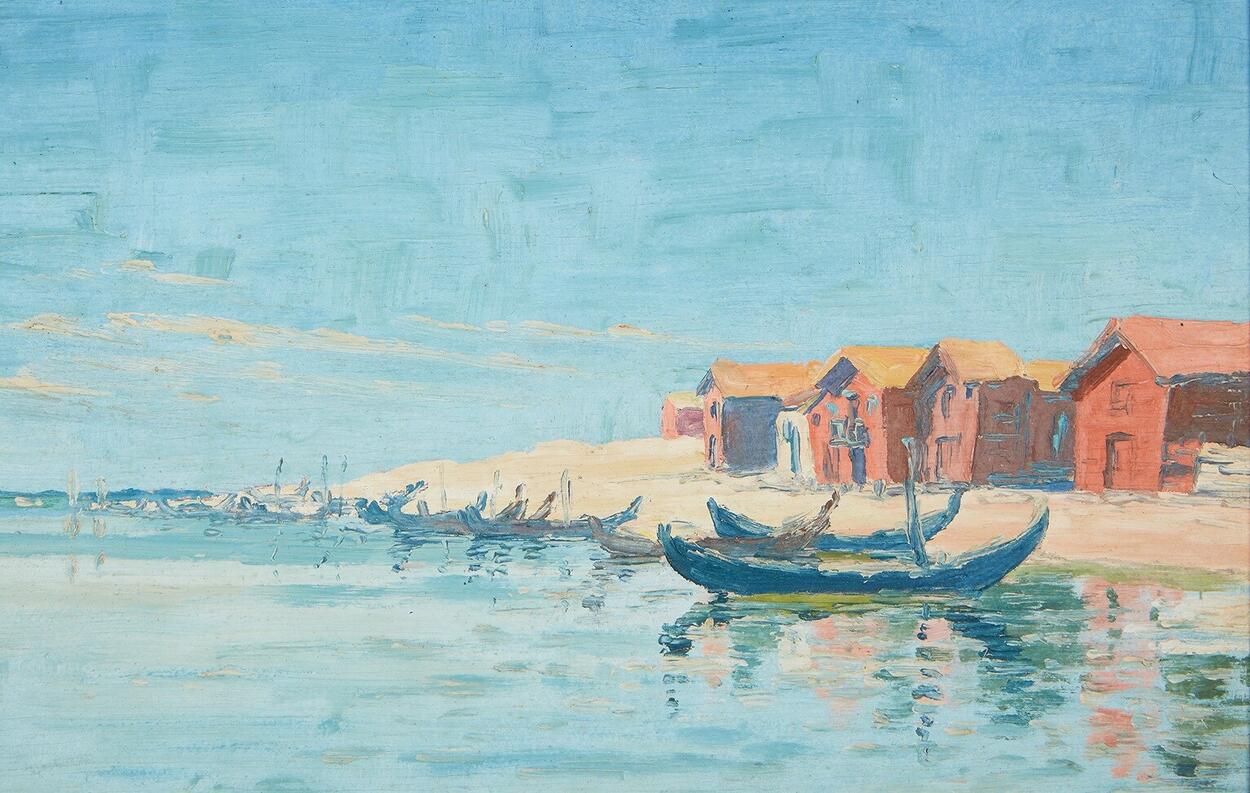 Quadro pintado por C&acirc;ndido Teles, retratando a Costa Nova do Prado, em in&iacute;cios do s&eacute;culo XX